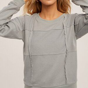 HEM & THREAD Light Blue/Grey Patchwork Detail Sweatshirt Casual Cozy Long Sleeve